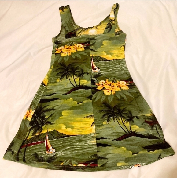 Vintage 90's Green Hawaiian Mini Tank Sun Dress Sunset Junior's Medium M EUC - Picture 4 of 6